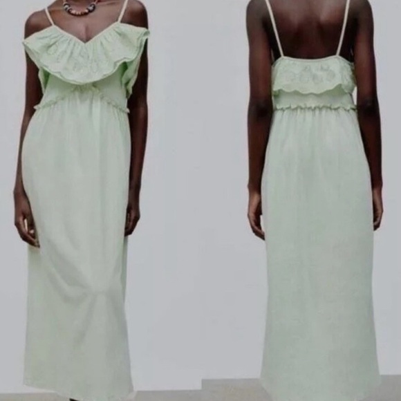 Zara Light Green Eyelet Ruffle Midi Dress Size Large Boho - Picture 2 of 7